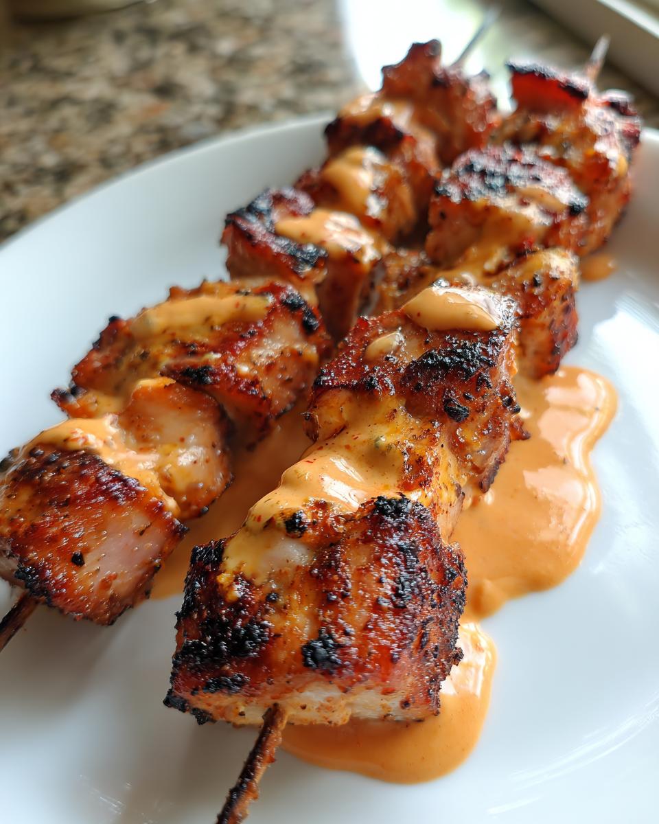 Close-up of grilled bang bang chicken skewers drizzled generously with creamy orange sauce on a white plate.