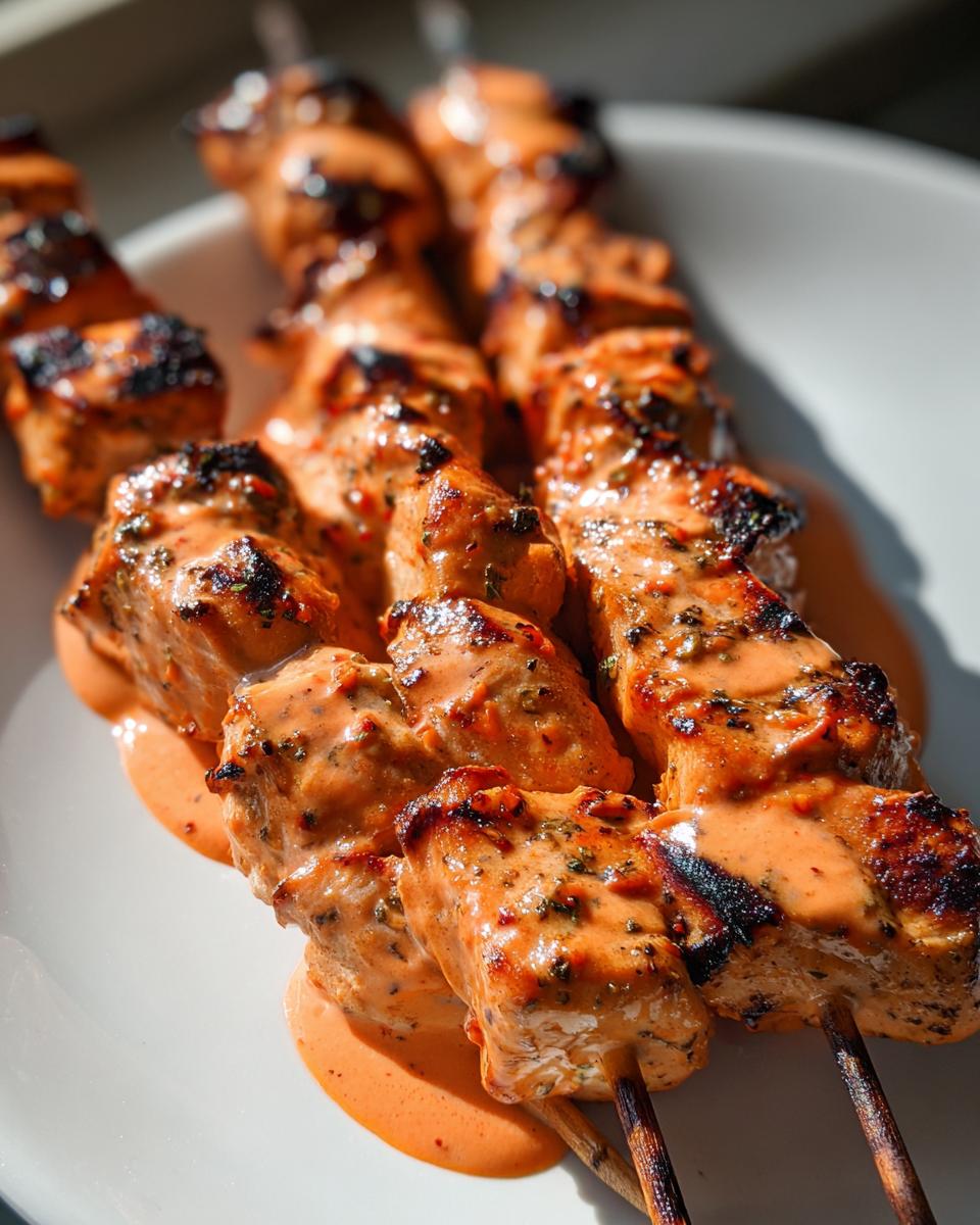 Close-up of grilled bang bang chicken skewers generously coated in creamy orange sauce on a white plate.