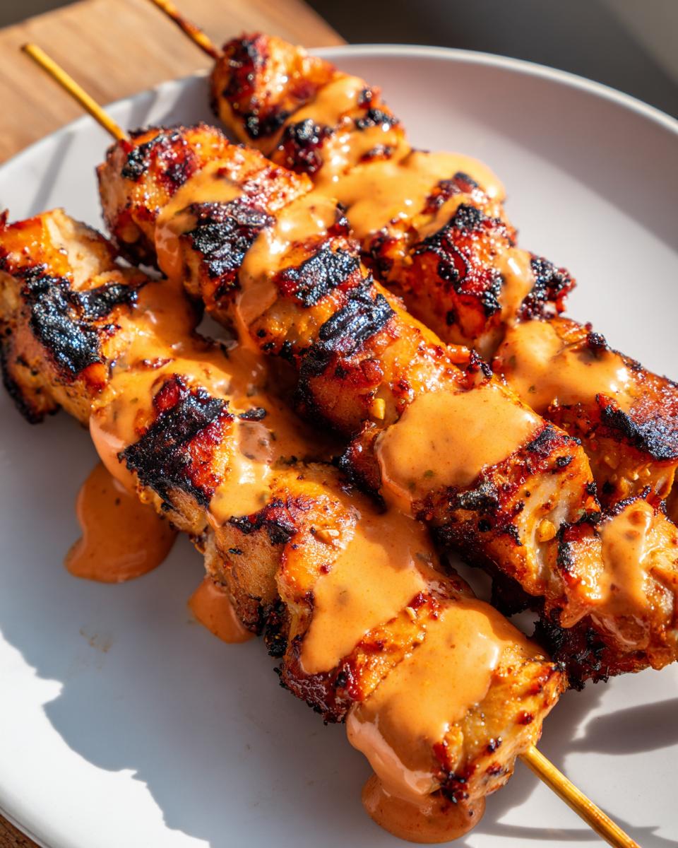 Close-up of three grilled Bang Bang Chicken Skewers generously drizzled with orange-hued creamy sauce.