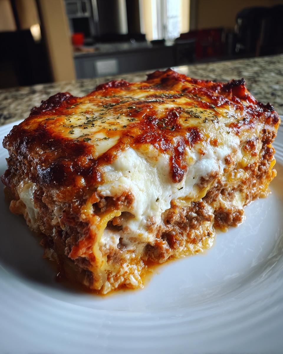 A thick, hearty slice of classic lasagna showing layers of pasta, meat sauce, and melted cheese on a white plate.