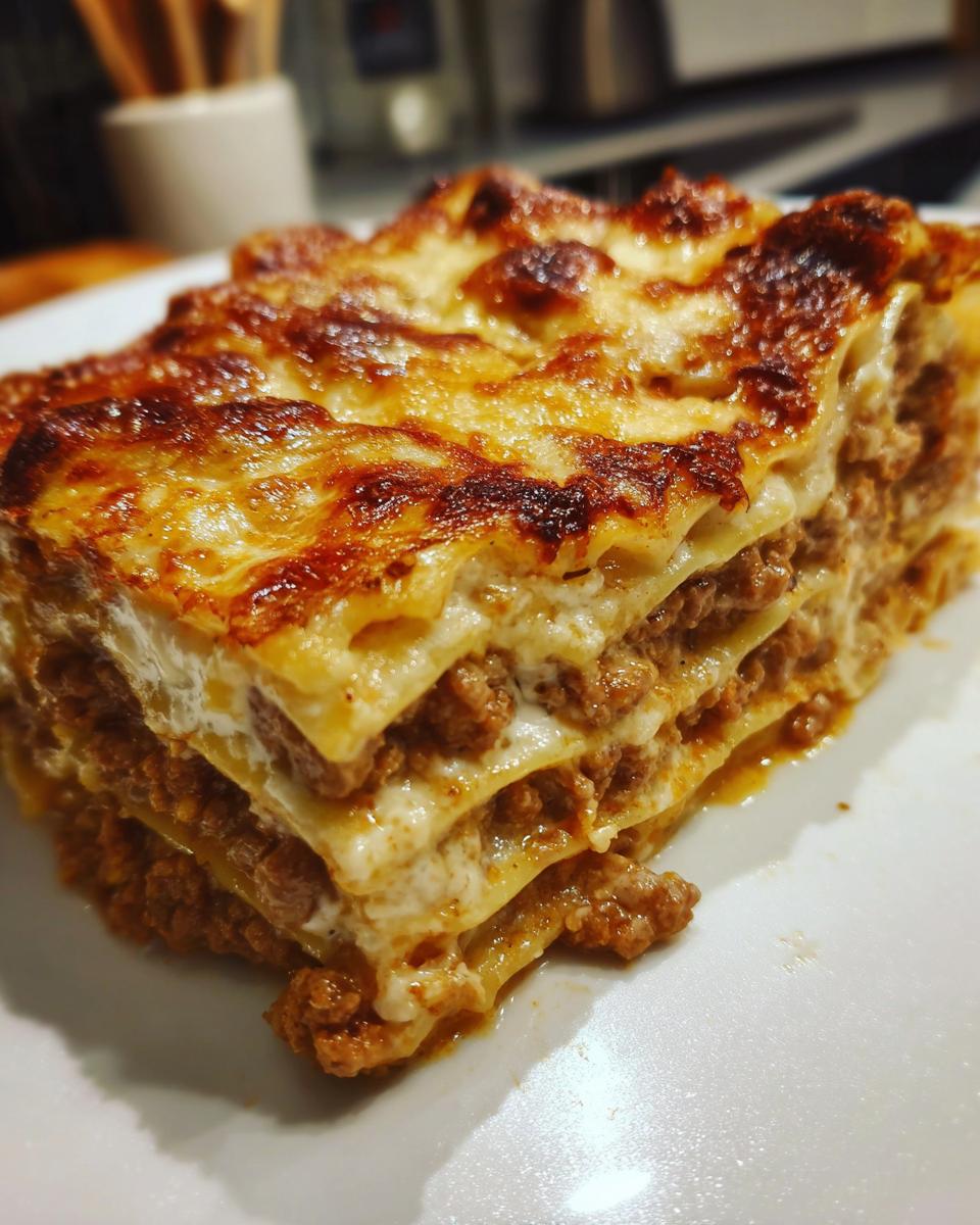 Close-up of a thick, layered slice of homemade lasagna featuring browned cheese and rich meat sauce.