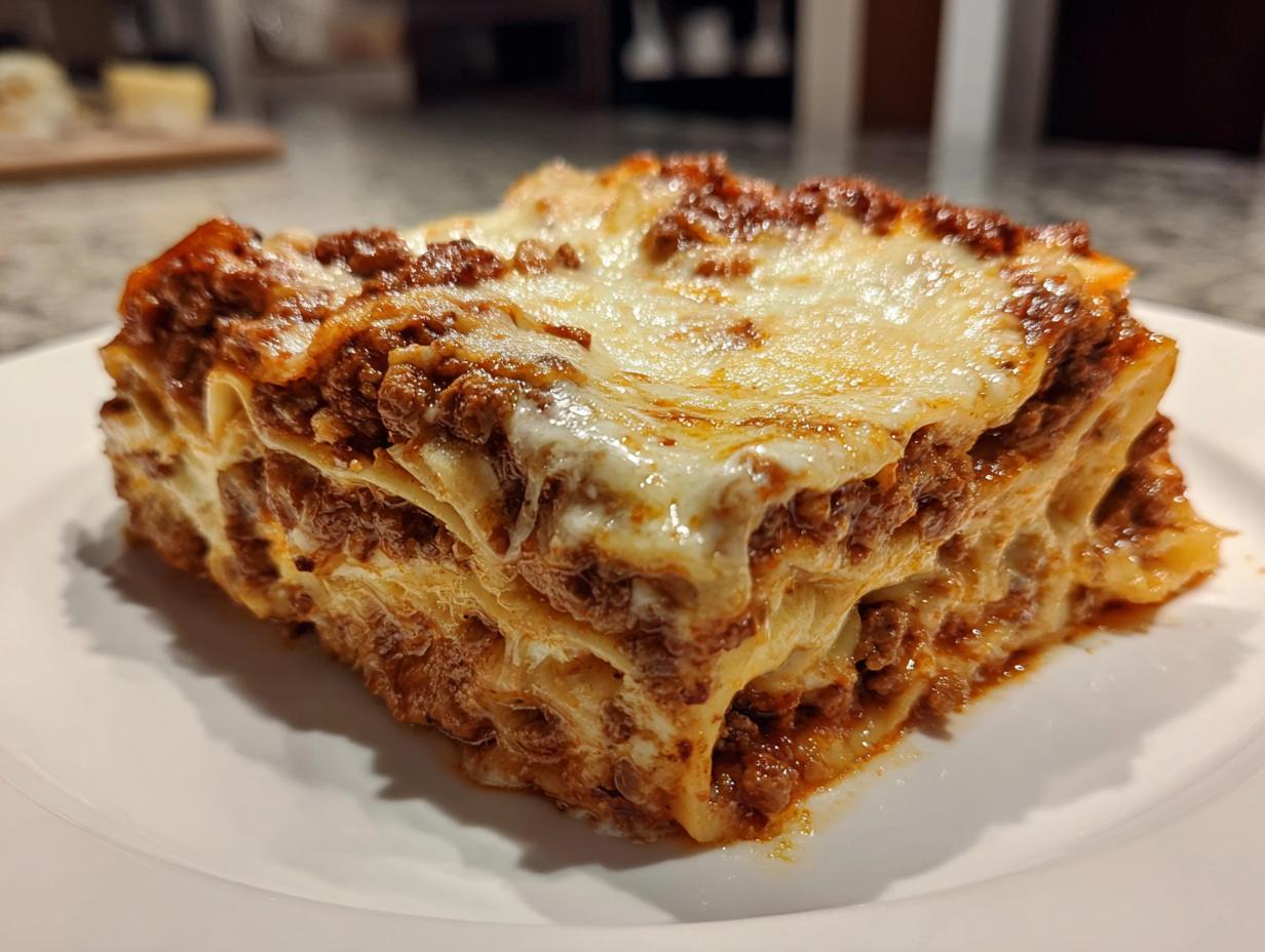 A thick, layered slice of homemade lasagna with rich meat sauce and melted cheese topping on a white plate.