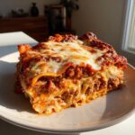 A generous, tall slice of homemade lasagna with rich meat sauce and melted, bubbly cheese topping.