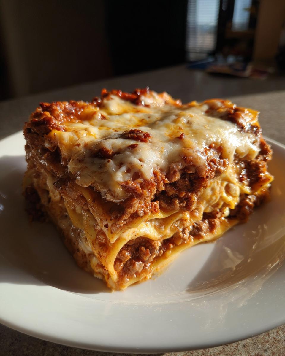 A generous, multi-layered slice of homemade lasagna with rich meat sauce and bubbly melted cheese on top.