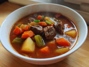 Close-up of a steaming white bowl filled with rich vegetable beef soup featuring chunks of beef, carrots, potatoes, and celery.