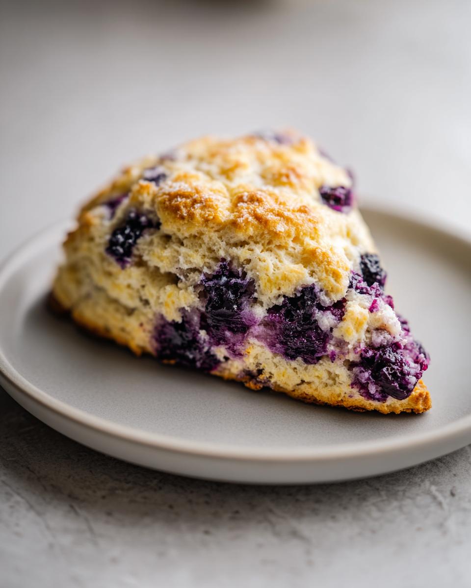 A single, triangular blueberry scone with a golden top, packed with juicy blueberries, resting on a grey plate.