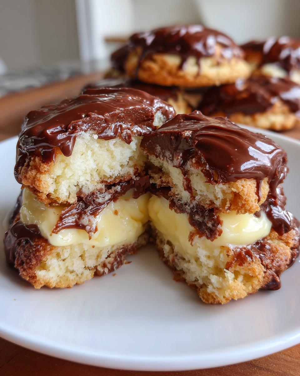 A close-up of a boston cream pie cookie cut in half, showing vanilla pastry cream filling and chocolate glaze.