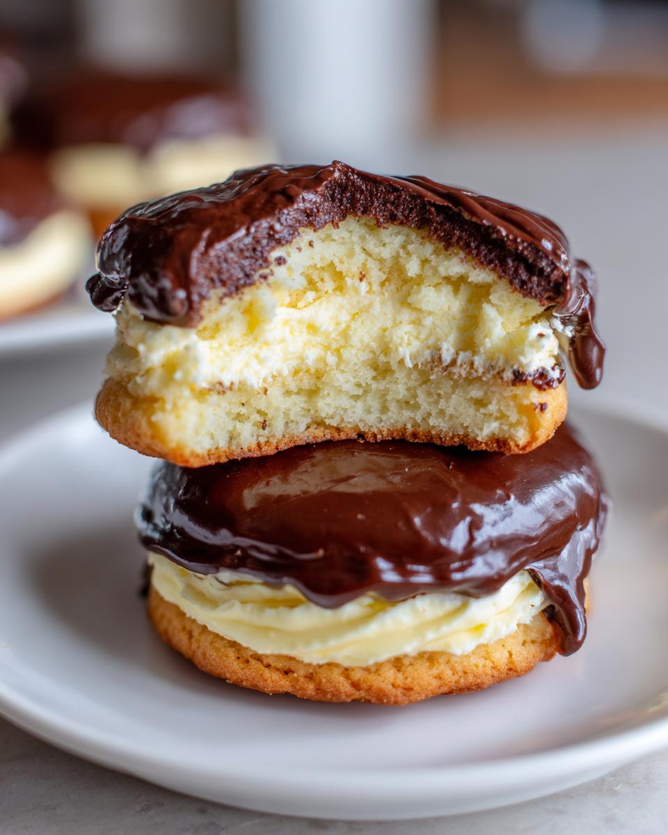 Two stacked boston cream pie cookies, one cut in half showing vanilla cream filling and chocolate ganache.