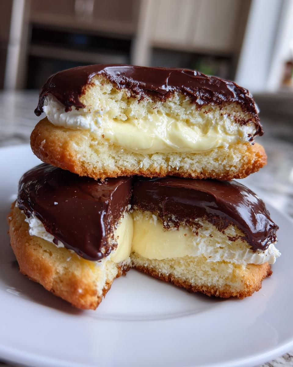 Two halves of a decadent boston cream pie cookies stacked, showing vanilla cream and rich chocolate ganache.