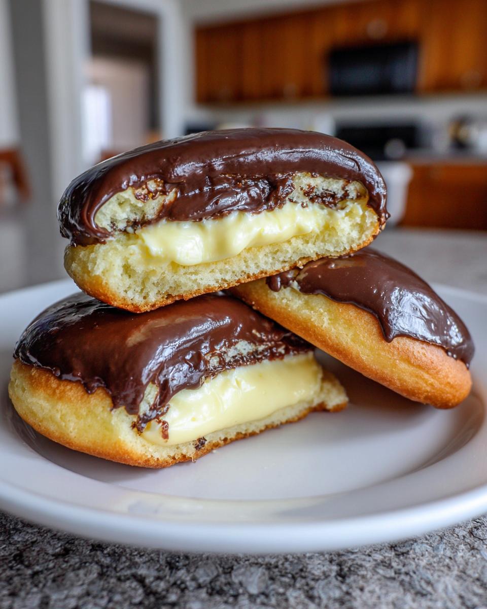 Three decadent boston cream pie cookies stacked, showing the rich vanilla cream filling and chocolate glaze.