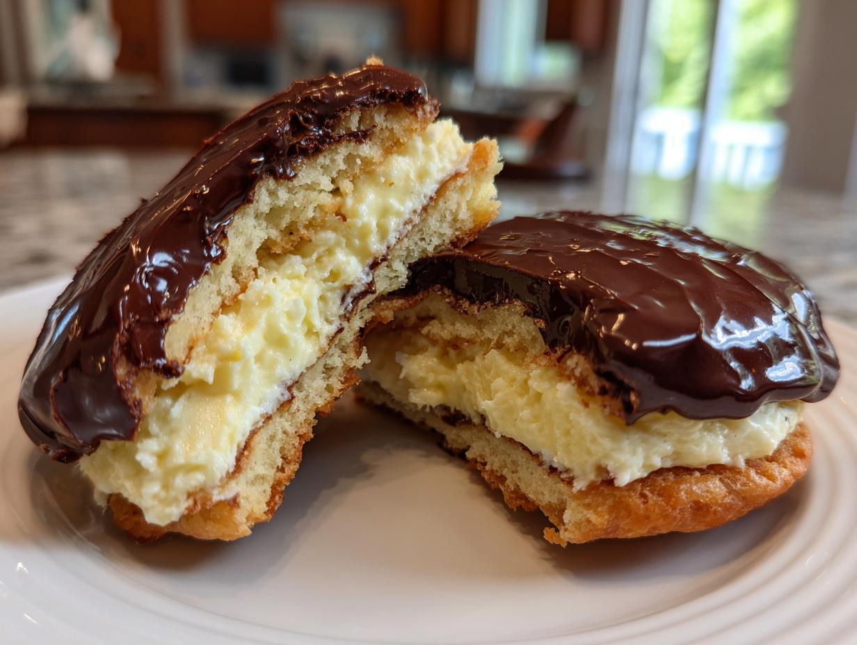 Close-up of boston cream pie cookies cut in half showing thick vanilla cream filling and chocolate glaze.