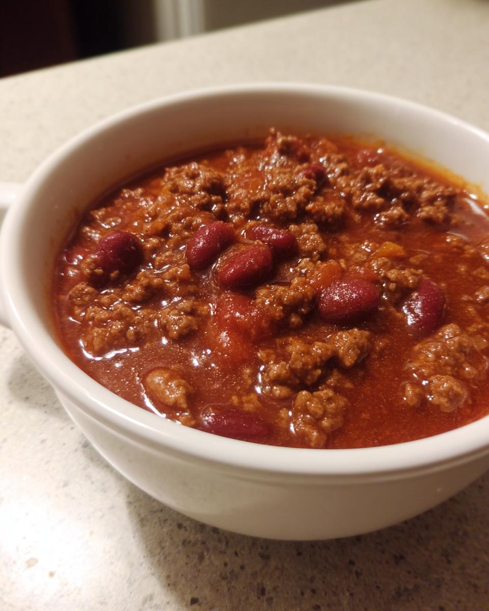 Close-up of a white bowl filled with rich, thick crockpot chili featuring ground beef and kidney beans.
