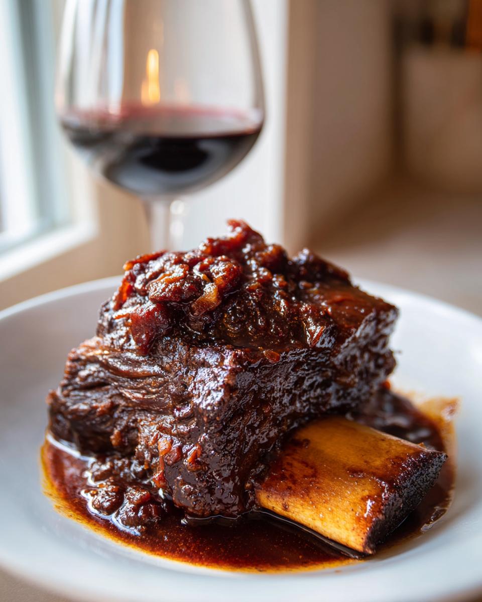 A single, tender braised short ribs portion covered in rich, dark sauce, served with a glass of red wine.