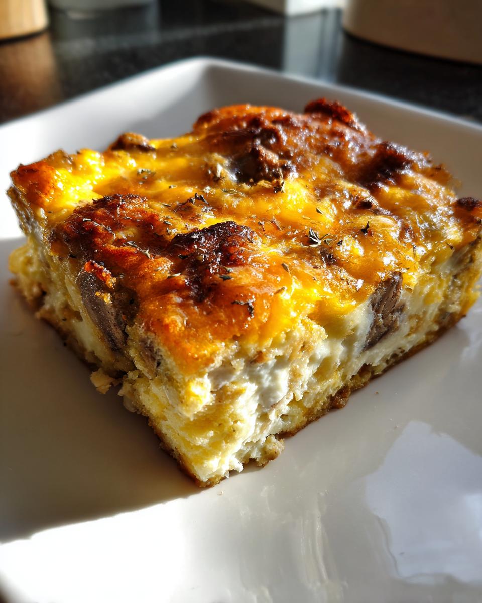 A golden-brown slice of breakfast casserole with cream of mushroom, showing cheesy, baked top and creamy interior.