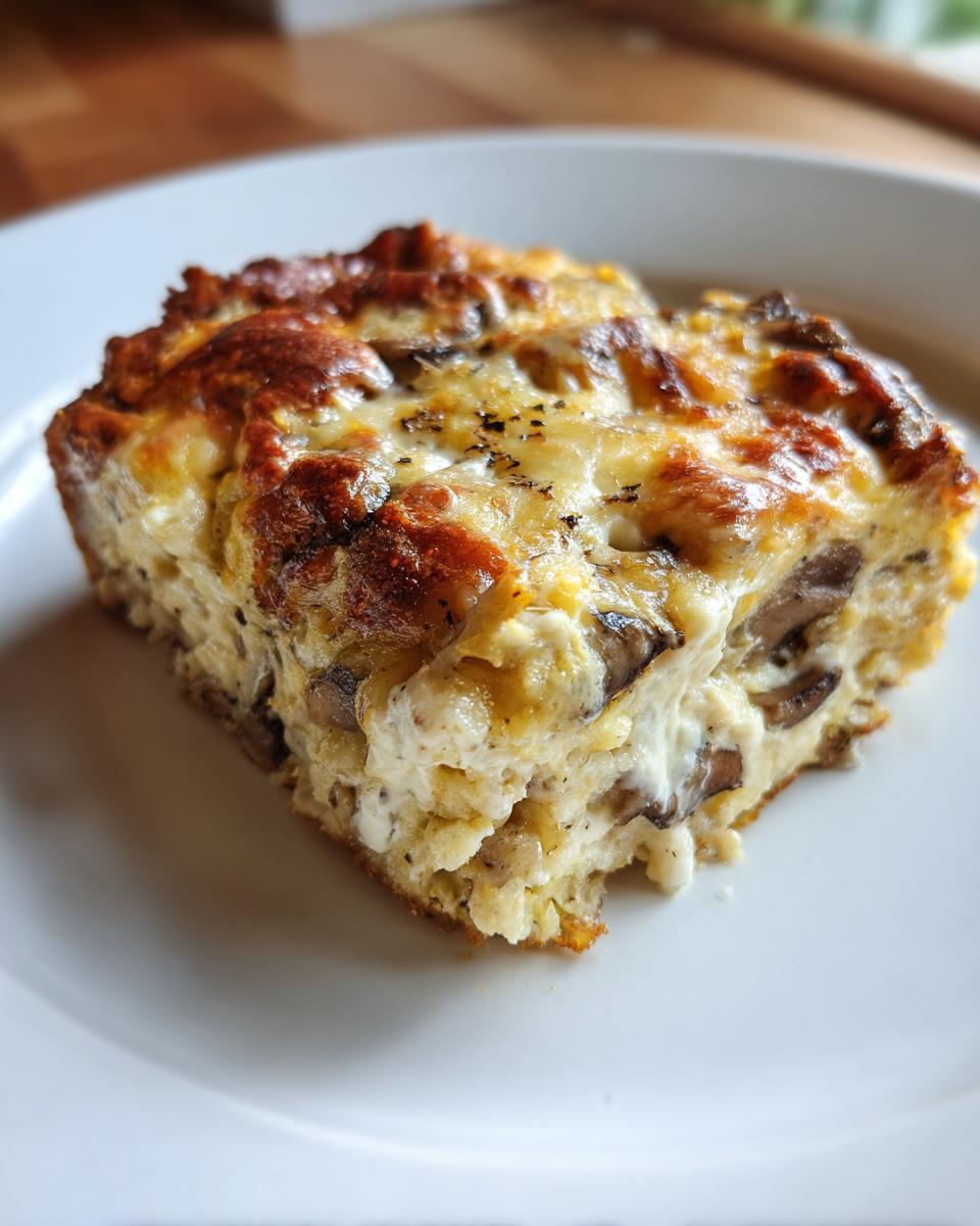 A square slice of baked breakfast casserole with cream of mushroom, showing a golden-brown cheesy top and visible mushrooms.