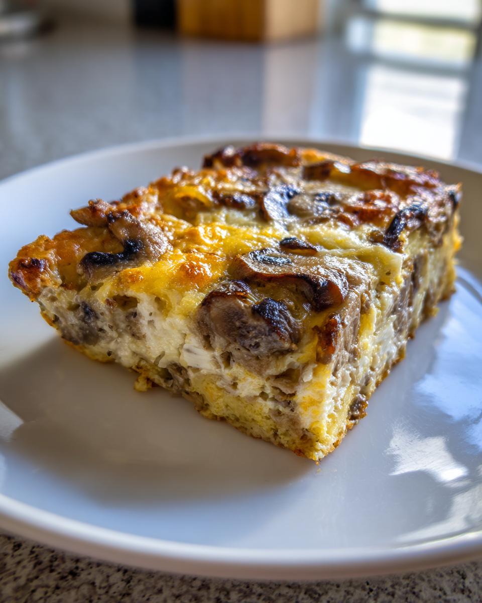 A square slice of baked breakfast casserole with cream of mushroom, featuring browned mushrooms and melted cheese on top.