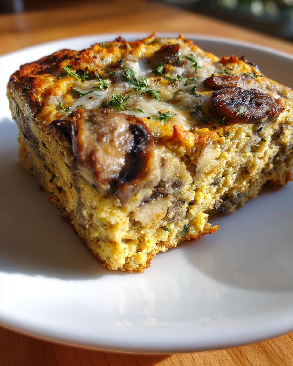 A square slice of baked breakfast casserole with cream of mushroom, topped with melted cheese and parsley.