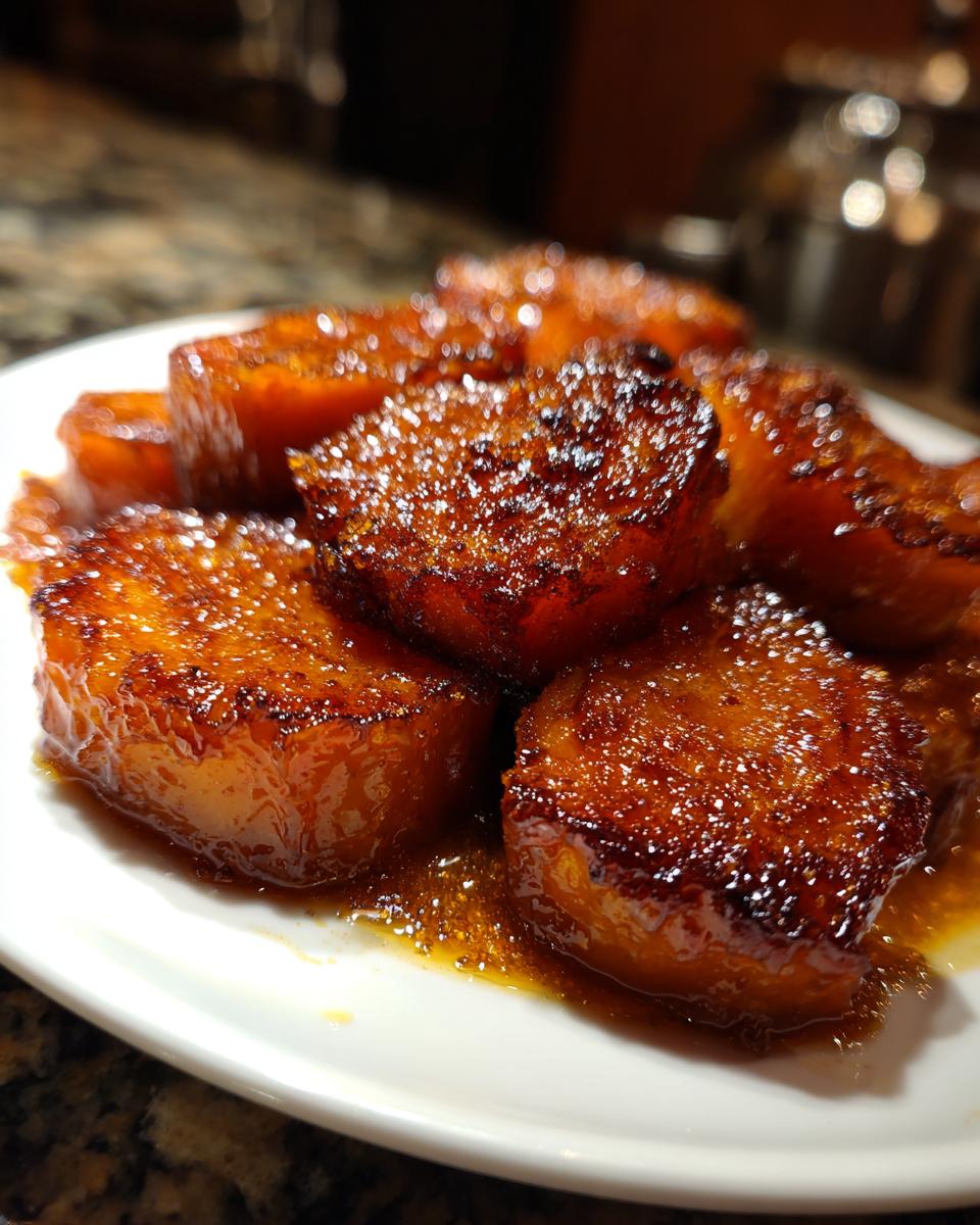 Close-up of thick slices of candied sweet potatoes coated in a rich, shiny brown sugar glaze.