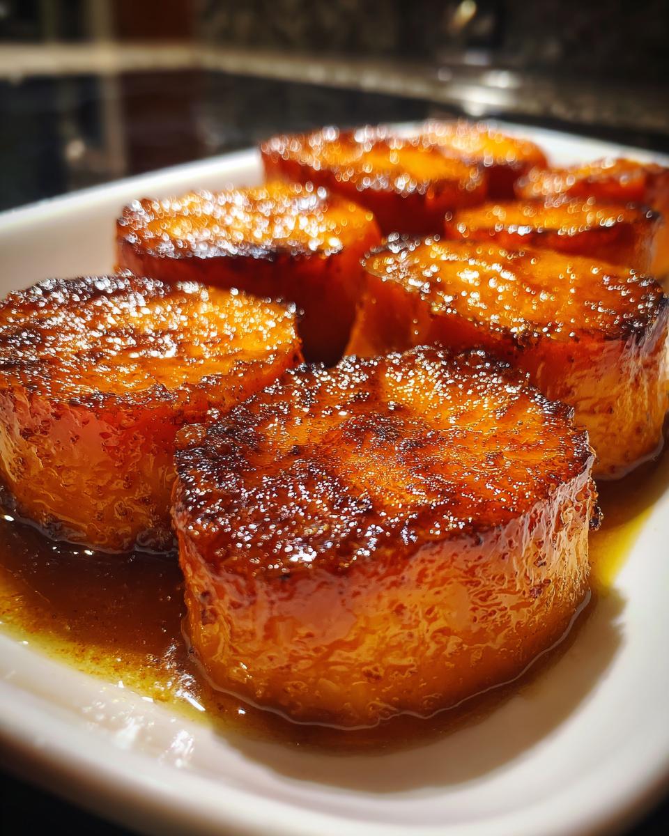 Close-up of thick-cut candied sweet potatoes with a rich, shiny brown glaze served in a white dish.