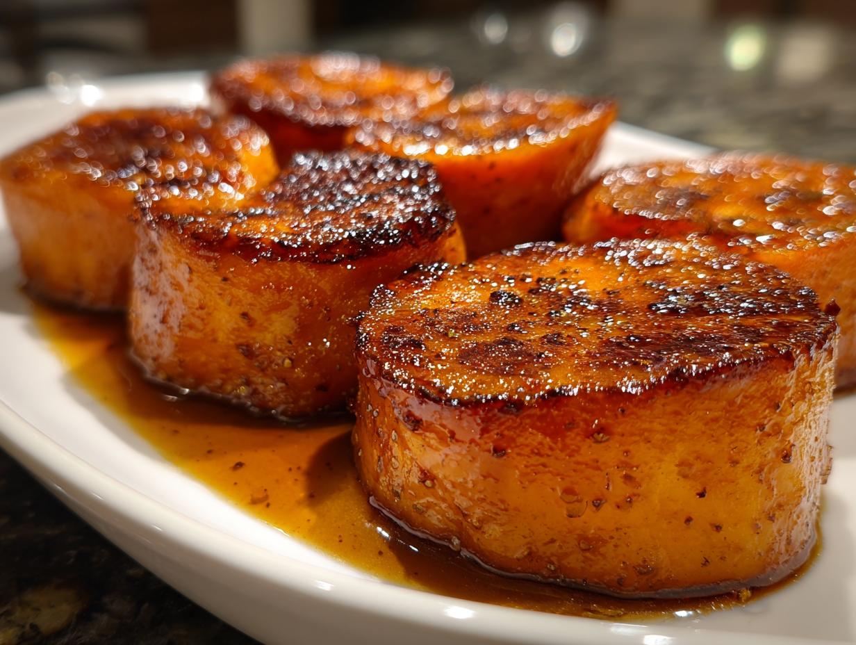 Close-up of thick-cut candied sweet potatoes with a dark, caramelized glaze sitting in syrup.