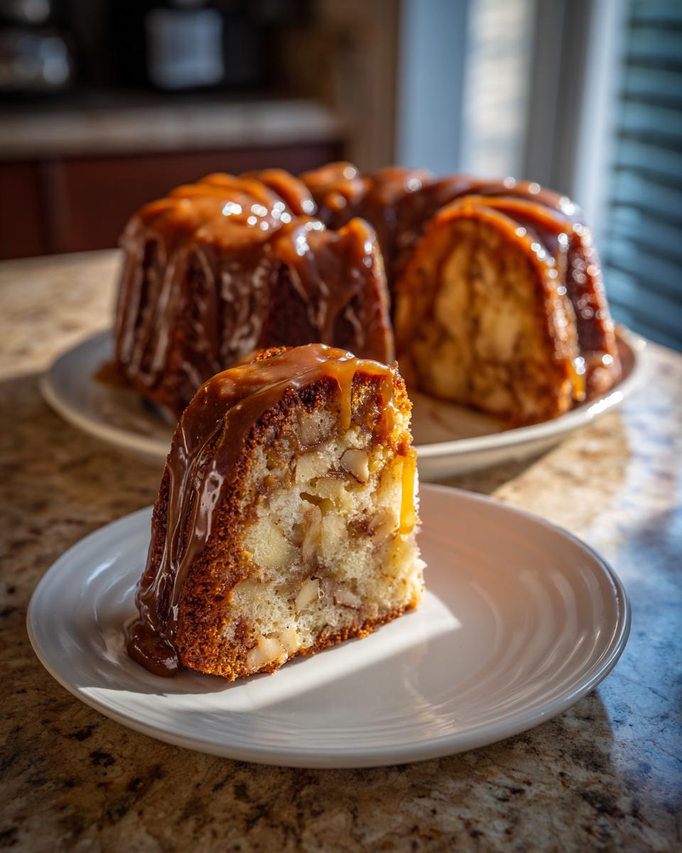 A slice of moist apple cake loaded with chunks of apple and nuts, topped with rich caramel sauce.