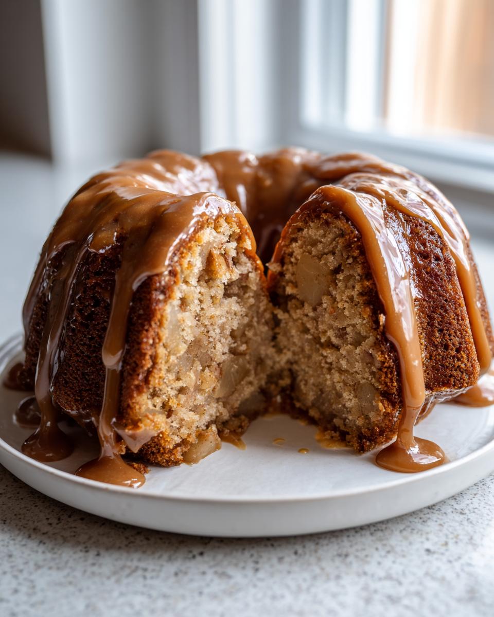 A bundt-style apple cake, cut open to show moist interior with apple pieces, generously topped with caramel sauce.