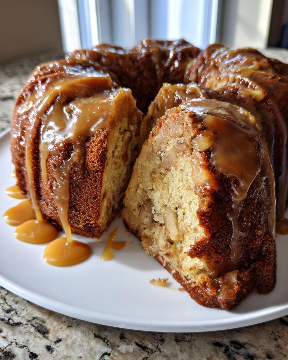 A bundt-style apple cake drizzled heavily with caramel sauce, with one slice cut out to show the interior texture.