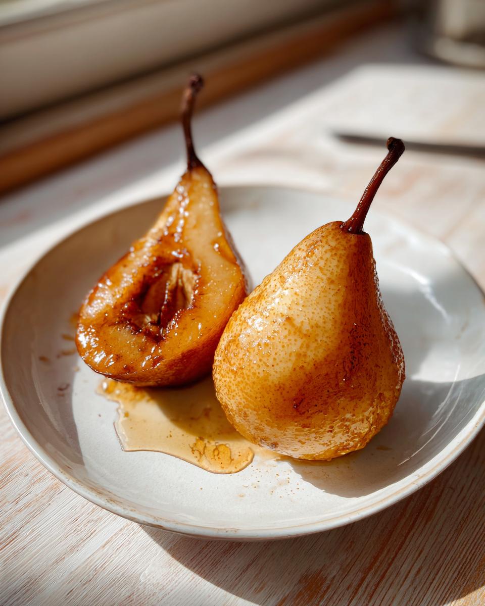 Two glistening baked pears, one halved, sitting in syrup on a light plate.