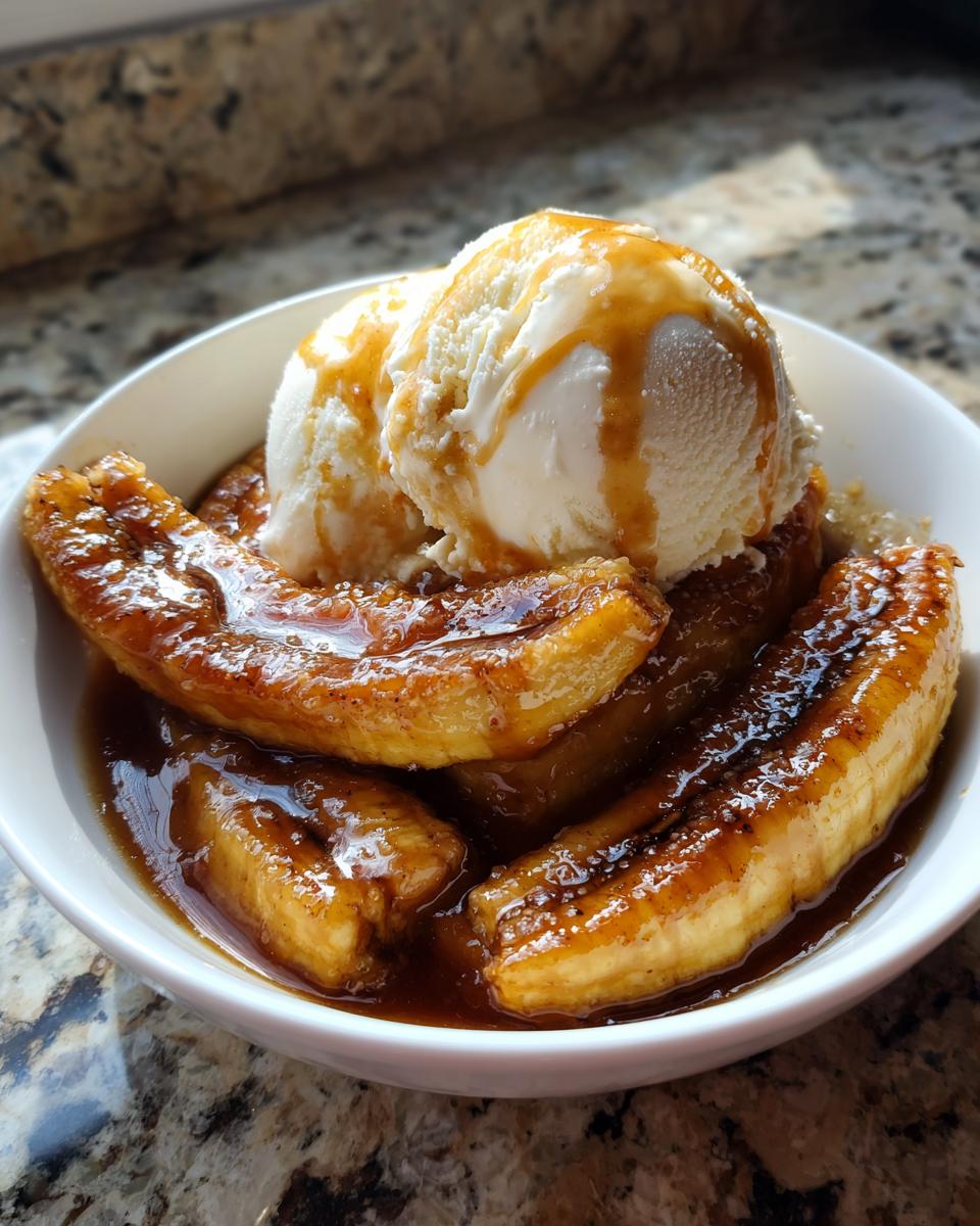A white bowl filled with caramelized bananas foster topped with two scoops of vanilla ice cream and caramel sauce.
