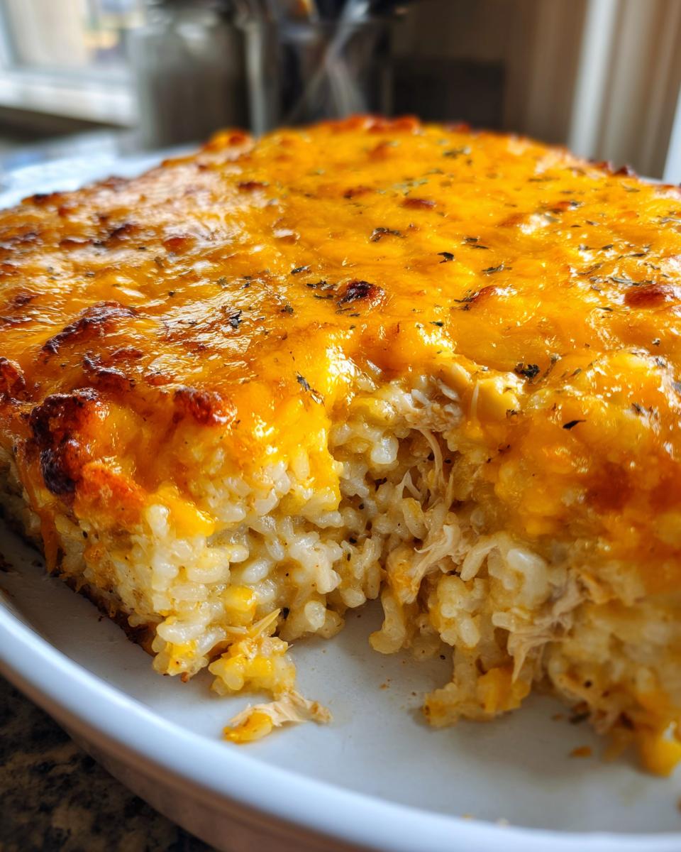 A scoop has been taken out of a baked cheesy chicken and rice casserole showing shredded chicken mixed with rice under a melted, bubbly cheddar topping.