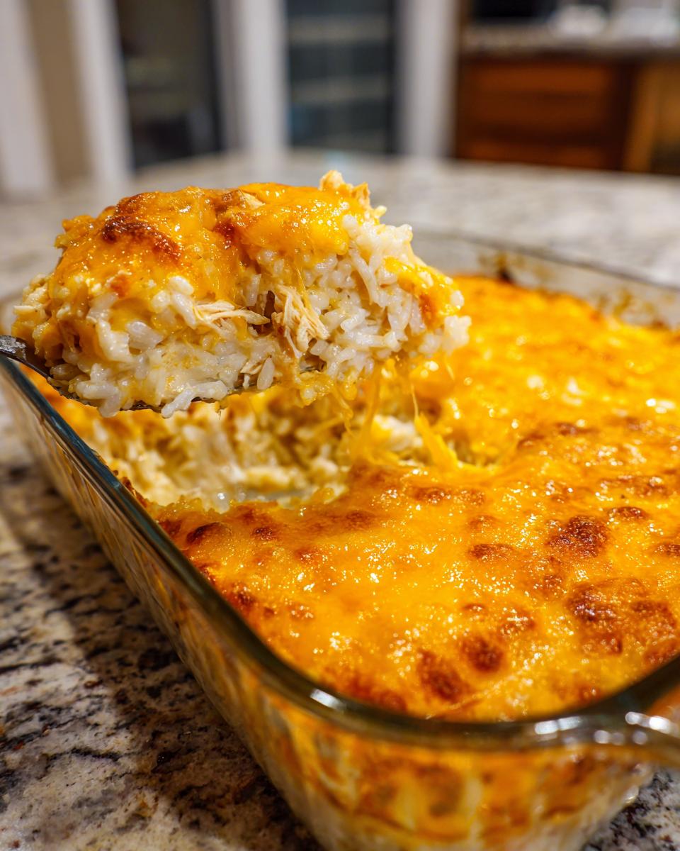 A spoonful of creamy cheesy chicken and rice casserole being lifted from a glass baking dish, showing melted, gooey cheese.