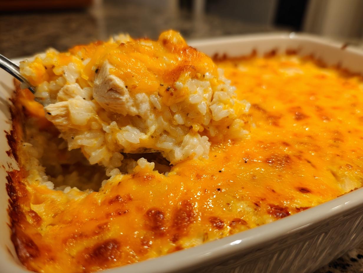 A spoonful of creamy, baked cheesy chicken and rice being lifted from a white casserole dish.