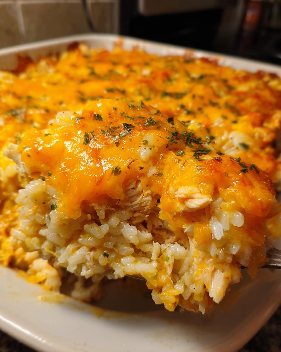 A spoonful of creamy cheesy chicken and rice casserole topped with melted cheddar and parsley.