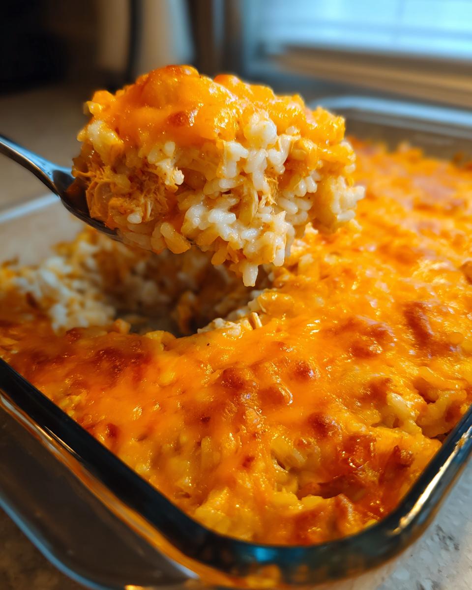 A spoonful of creamy, cheesy chicken and rice lifted above a glass baking dish full of the casserole.