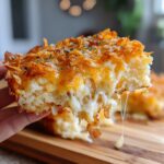 A hand holding a cheesy, gooey slice of hashbrown casserole topped with crispy cornflakes.