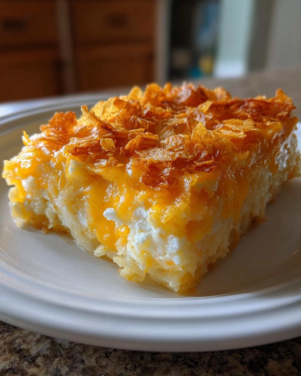 A close-up of a square slice of creamy hashbrown casserole topped with melted cheddar cheese and crispy cornflakes.