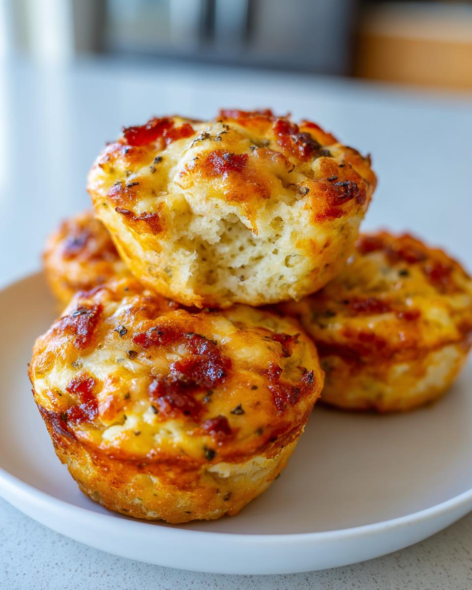 A stack of golden brown Pizza muffins topped with melted cheese and herbs, one has a bite taken out.