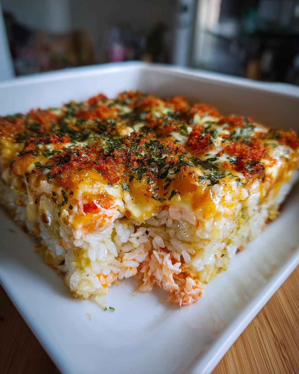 A square slice of baked sushi with creamy topping, salmon, and rice, ready to eat.