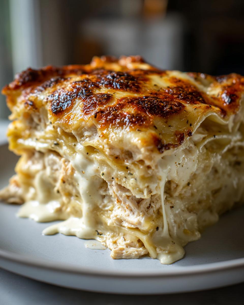 Close-up of a cheesy, layered slice of white sauce chicken lasagna with a browned top.