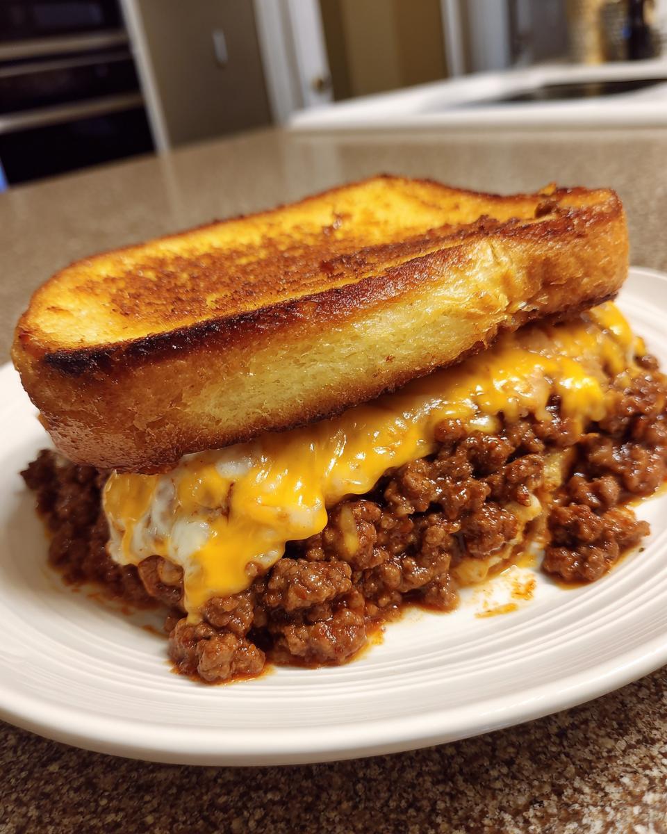 A close-up of amazing texas toast sloppy joes topped with melted cheddar and white cheese on a white plate.