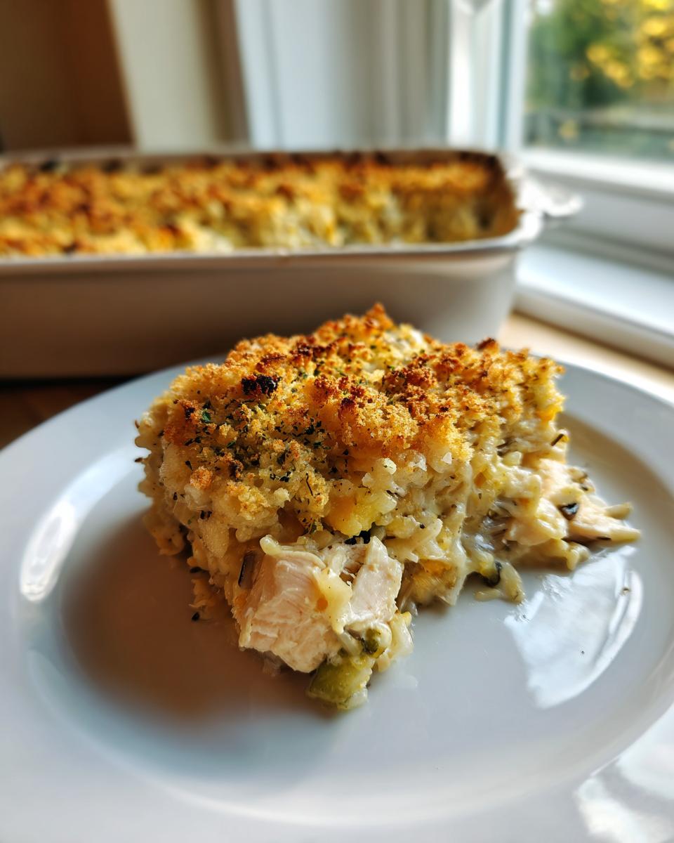 A close-up serving of creamy chicken and wild rice casserole topped with golden, crispy breadcrumbs.