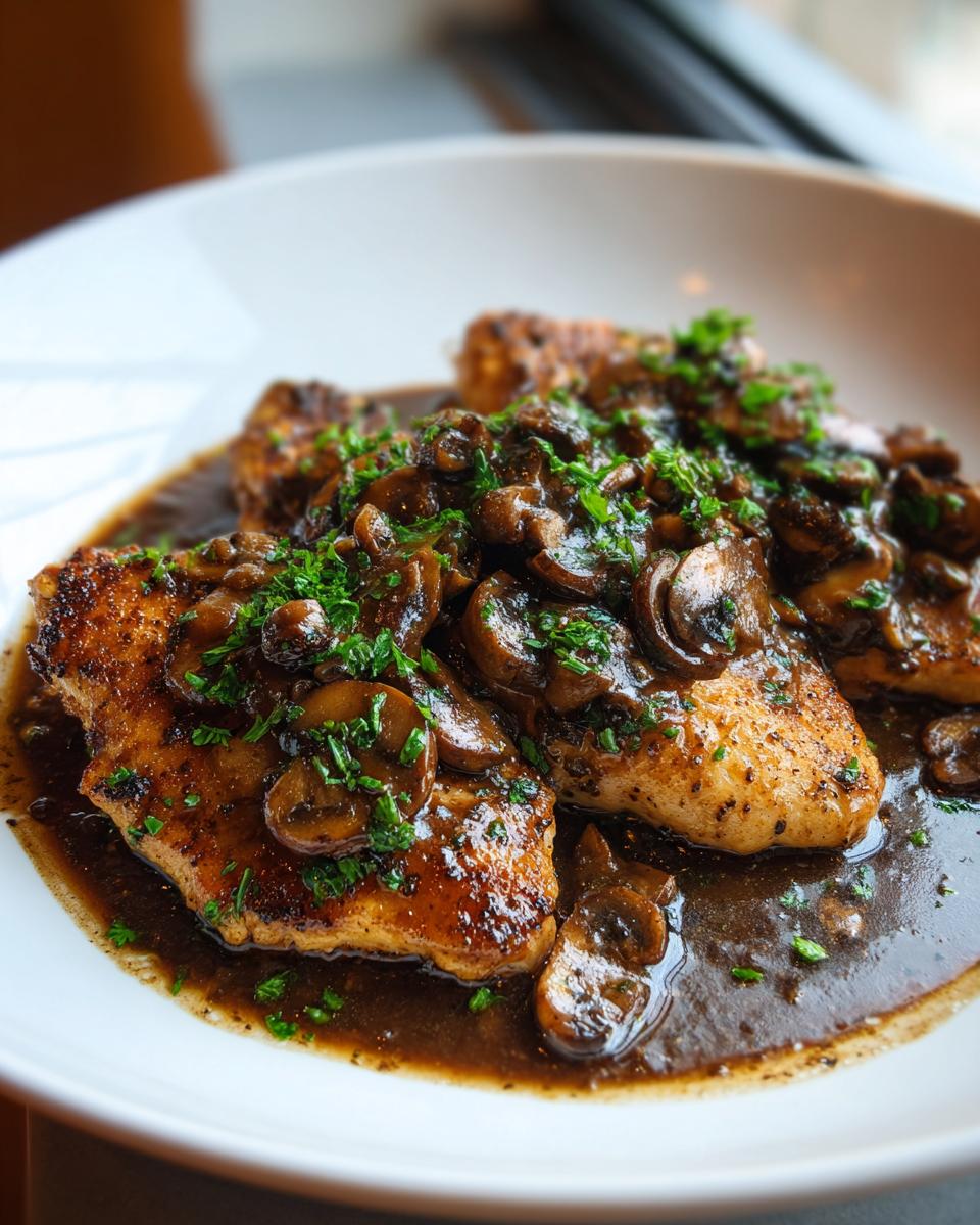 Close-up of pan-seared Chicken Marsala breasts covered in rich mushroom sauce and fresh parsley.