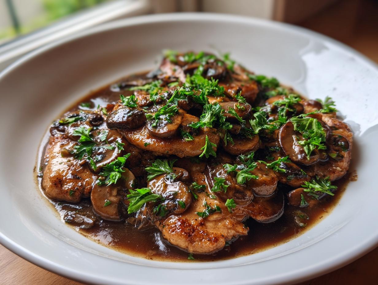 Close-up of pan-seared Chicken Marsala covered in rich brown sauce and sliced mushrooms, garnished with fresh parsley.