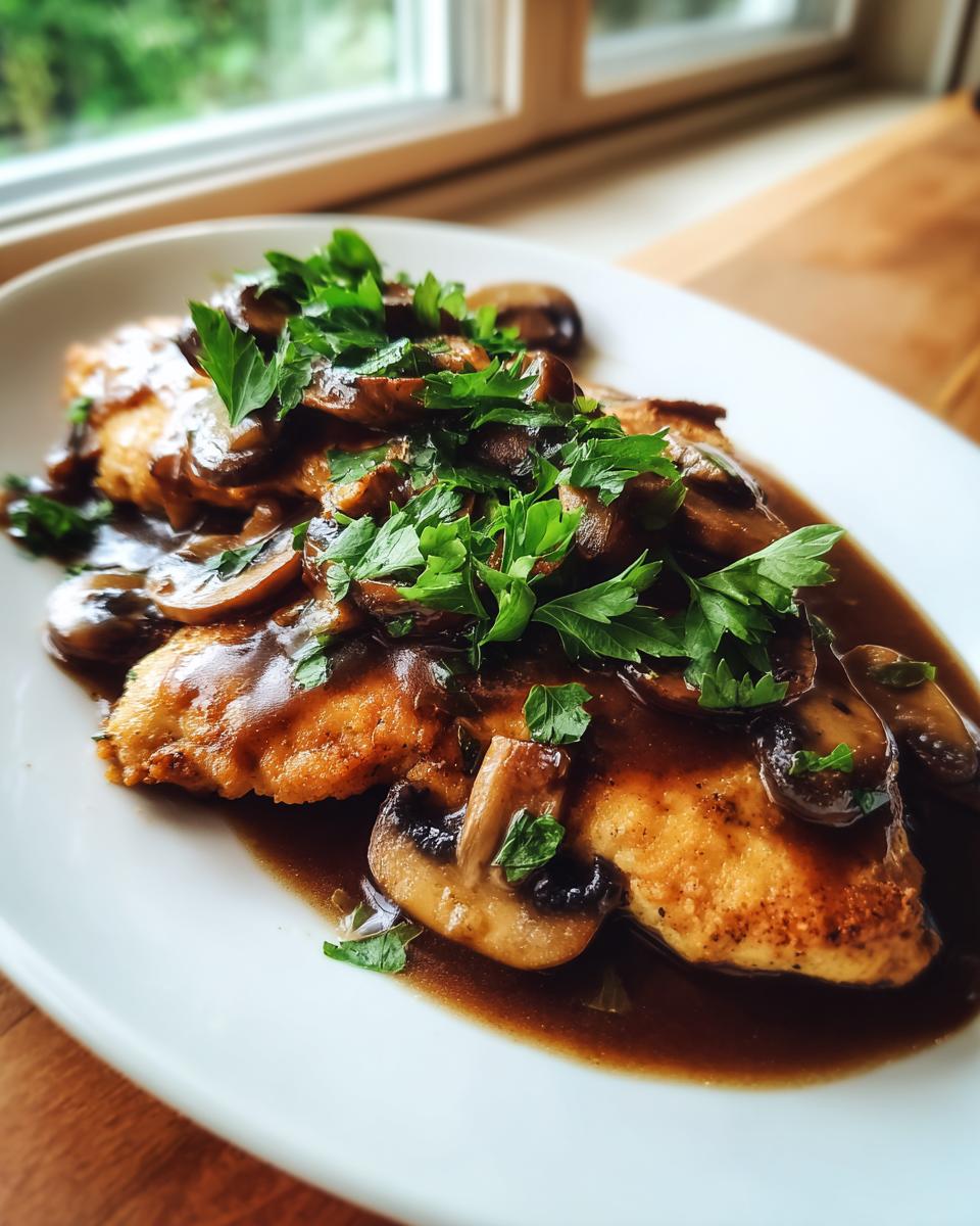 Close-up of pan-seared Chicken Marsala fillets covered in rich brown sauce, sliced mushrooms, and fresh parsley.