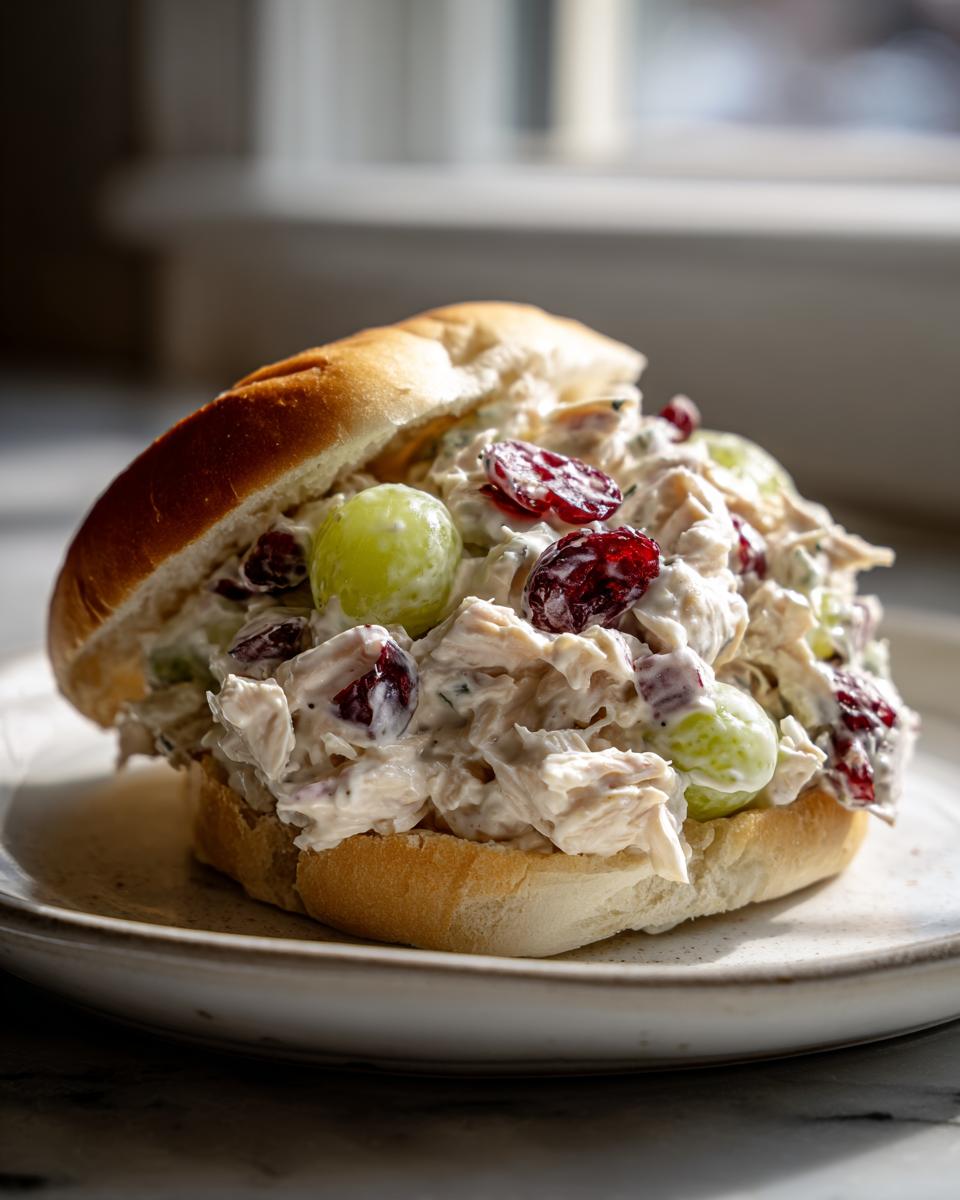 A generous portion of creamy chicken salad sandwich filling with grapes and cranberries on a soft roll.