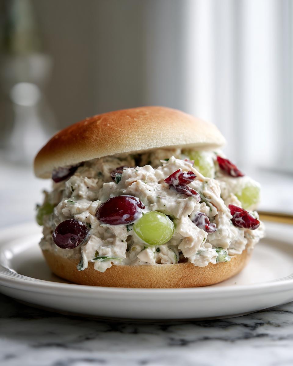 Close-up of a generous chicken salad sandwich filling with grapes and cranberries on a soft roll.