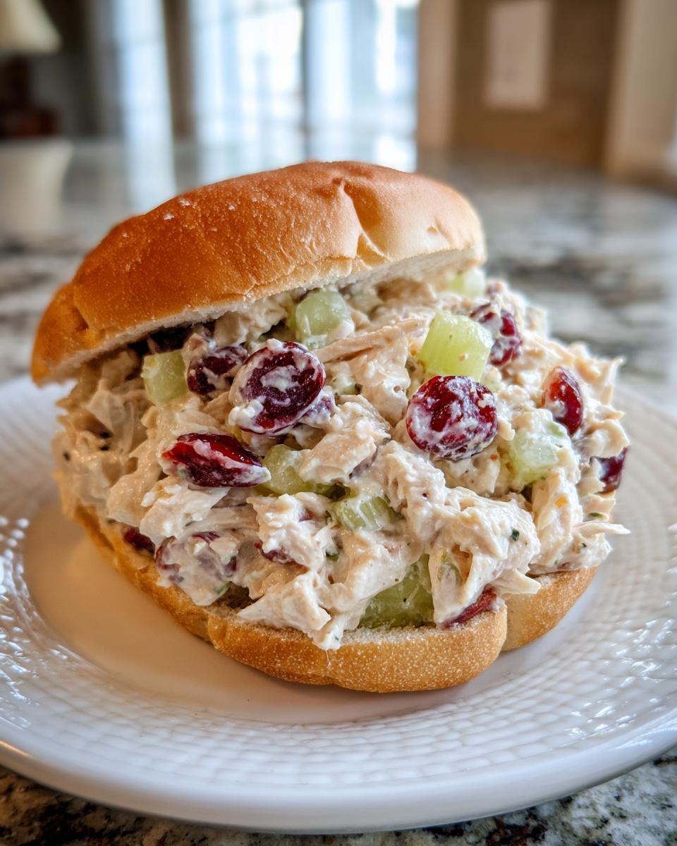 A generous portion of chicken salad sandwich filling with grapes and celery on a soft roll.