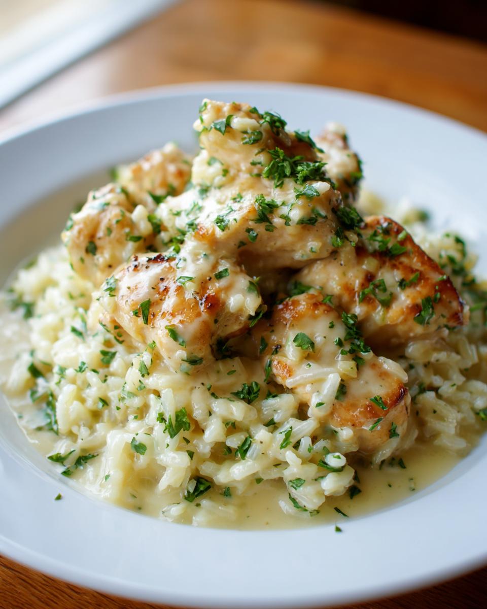 Golden seared chicken pieces served over creamy garlic parmesan rice, topped with fresh parsley.