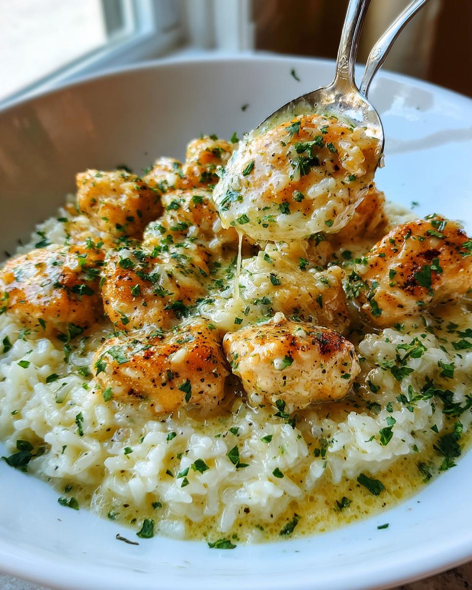 Close-up of chicken scampi pieces served over creamy garlic parmesan rice, garnished with parsley, with a spoonful being lifted.