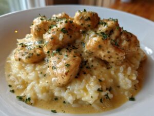 Close-up of tender chicken scampi pieces served over creamy garlic parmesan rice, garnished with parsley.